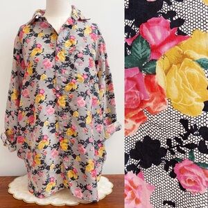 Black Lace Pink Yellow Rose Print Silk Button Top